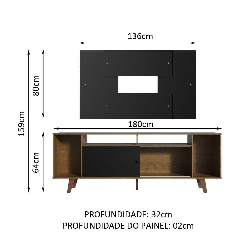 Rack Madesa Cancun e Painel para TV até 58 Polegadas com Pés - Preto/Rustic 7KD8 Preto/Rustic