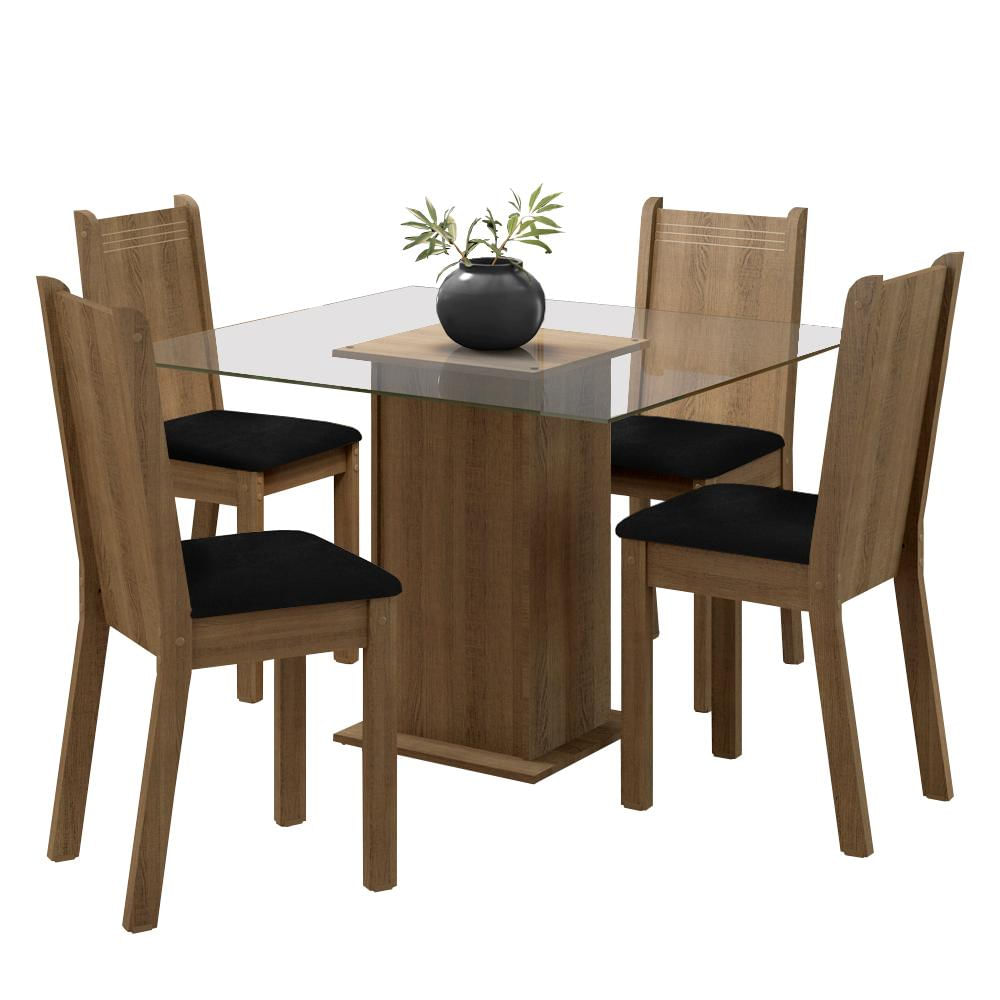 Conjunto Sala de Jantar Madesa Maya Mesa Tampo de Vidro com 4 Cadeiras - Rustic/Sintético Preto Rustic/Sintético Preto