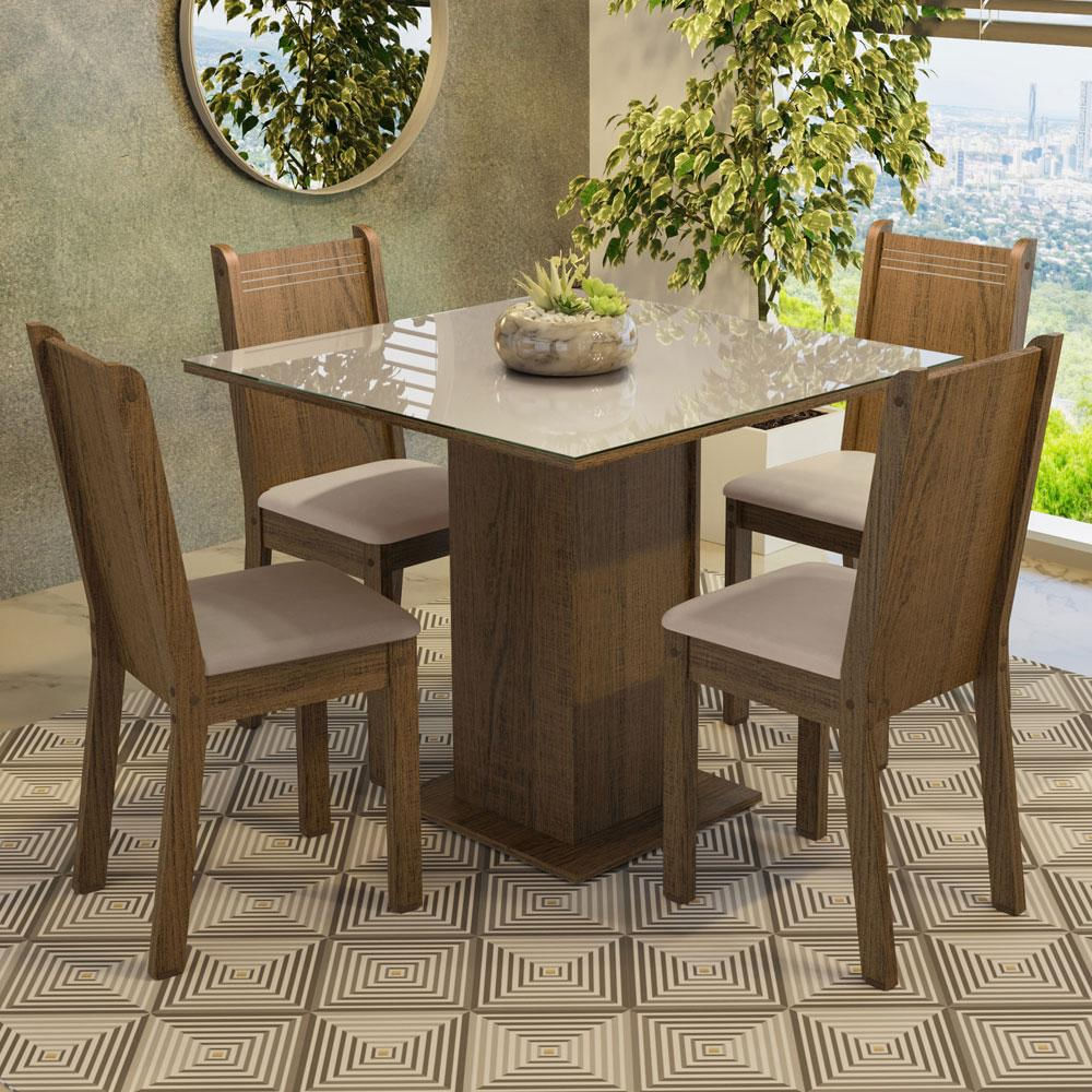 Conjunto Sala de Jantar Mesa Tampo de Vidro 4 Cadeiras Rustic/Crema/Sintético Bege Perla Madesa