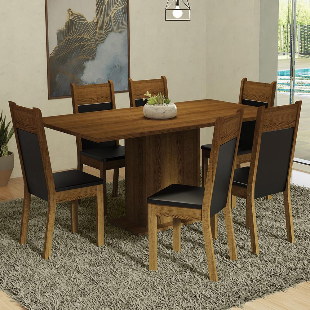 Conjunto Sala de Jantar Mesa Tampo de Madeira 6 Cadeiras Rustic/Preto Augusta Madesa