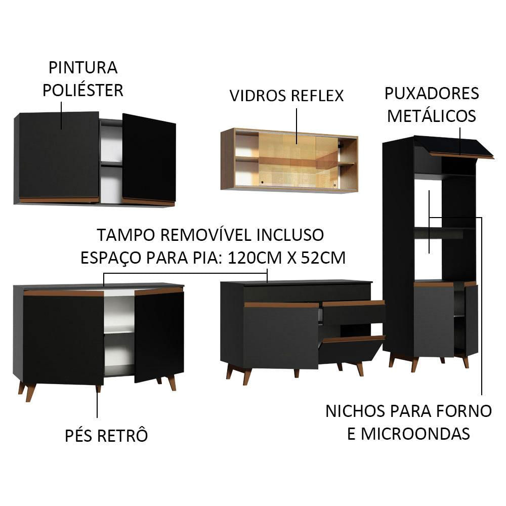 Armário de Cozinha Completa 310cm Preto/Rustic Reims Madesa XA01 Preto/Rustic