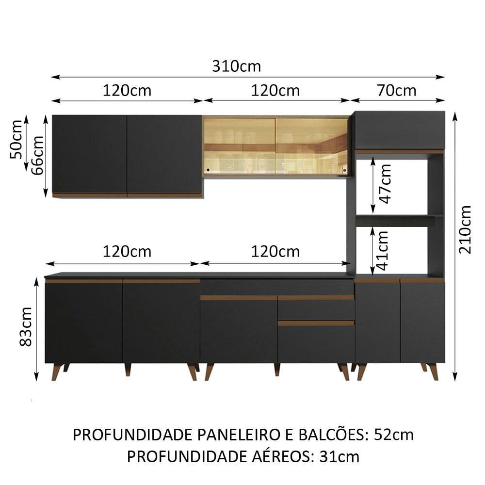 Armário de Cozinha Completa 310cm Preto/Rustic Reims Madesa XA01 Preto/Rustic