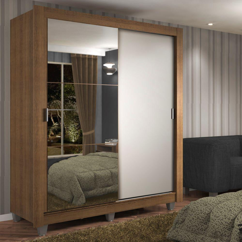 Guarda-Roupa Solteiro Madesa Dallas 2 Portas de Correr com Espelho 2 Gavetas com Pés - Rustic/Branco