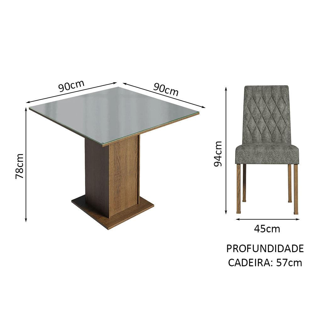 Conjunto Sala de Jantar Mesa Tampo de Vidro 4 Cadeiras Rustic/Cinza/Silver Anaju Madesa Rustic/Cinza/Silver