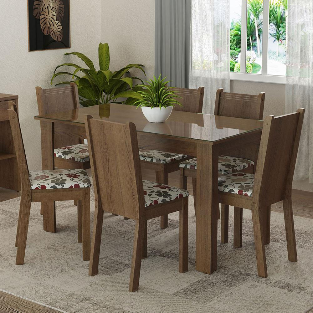 Conjunto Sala de Jantar Mesa Tampo de Vidro 6 Cadeiras Rustic/Hibiscos Isla Madesa