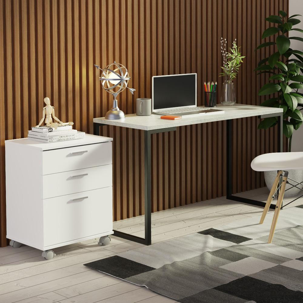 Conjunto Escritório Home Office com Mesa Industrial + Gaveteiro Branco/Cinza Madesa