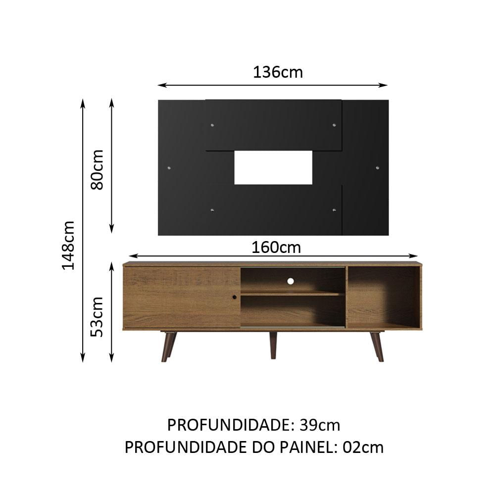 Rack Madesa Dubai com Pés e Painel para TV até 58 Polegadas - Rustic/Preto 5ZD8 Rustic/Preto/Rustic