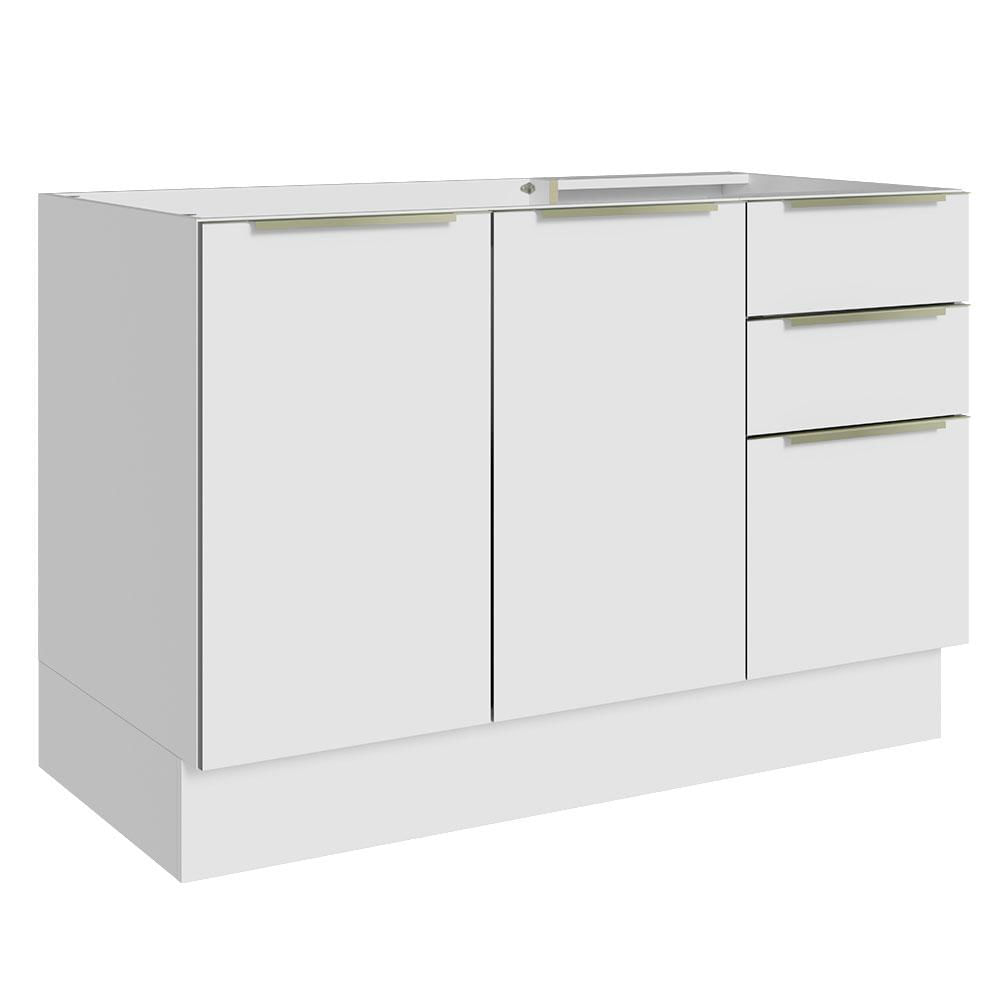 Balcão Gabinete de Pia Madesa Lux 120 cm 2 Portas 3 Gavetas (Sem Tampo) - Branco/Branco Veludo