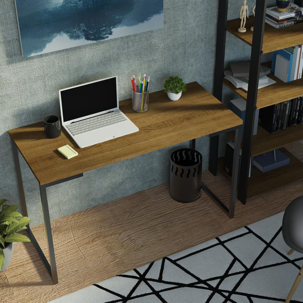 Conjunto Escritório Home Office com Mesa Industrial + Estante Preto/Rustic Madesa Preto/Rustic