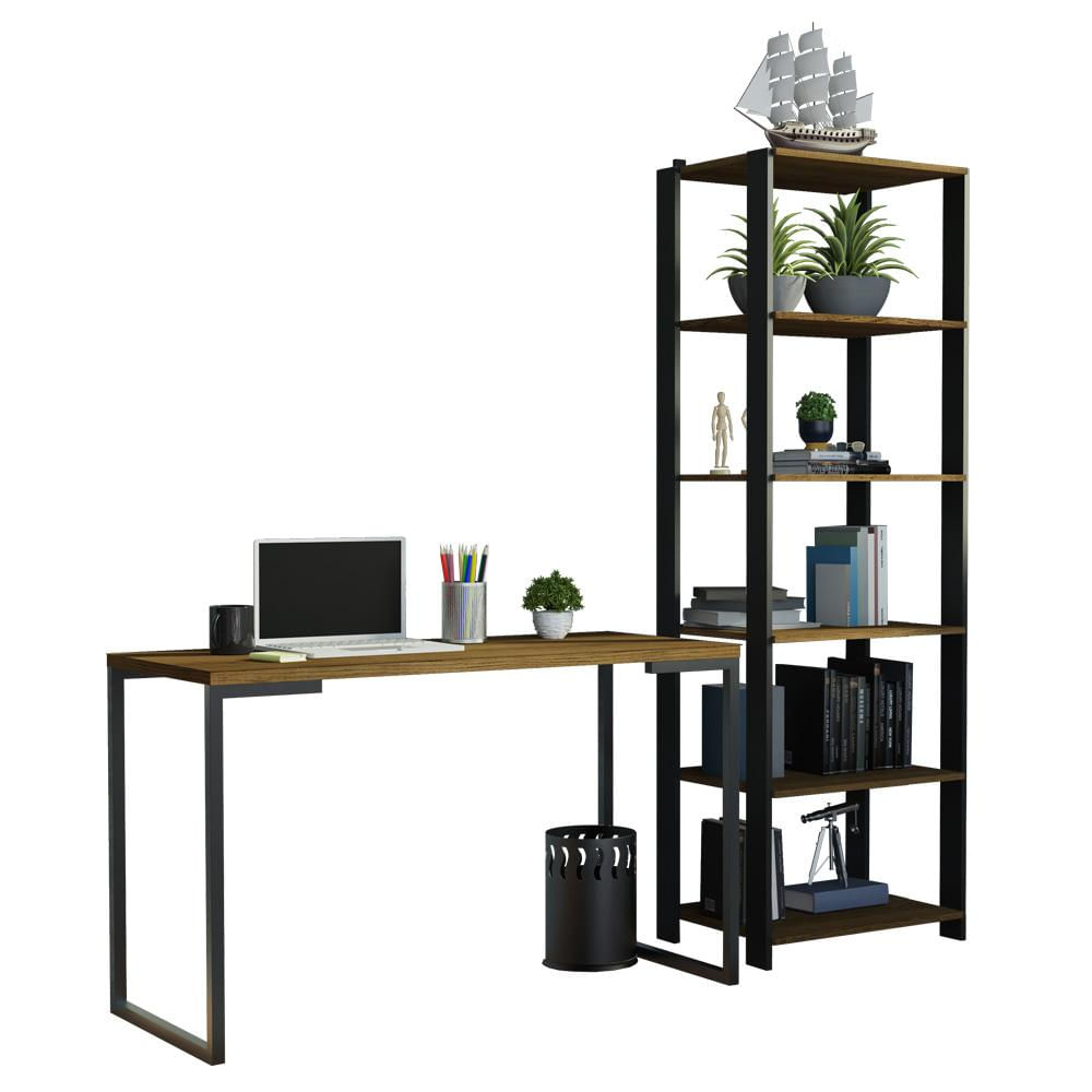 Conjunto Escritório Home Office com Mesa Industrial + Estante Preto/Rustic Madesa Preto/Rustic