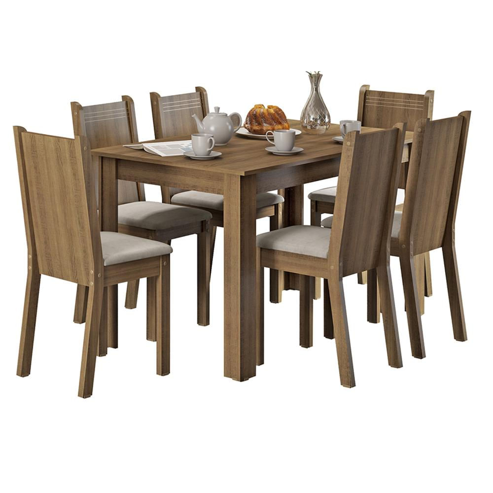 Conjunto Sala de Jantar Maris Madesa Mesa Tampo de Madeira com 6 Cadeiras - Rustic/Sintético Bege Rustic/Pérola