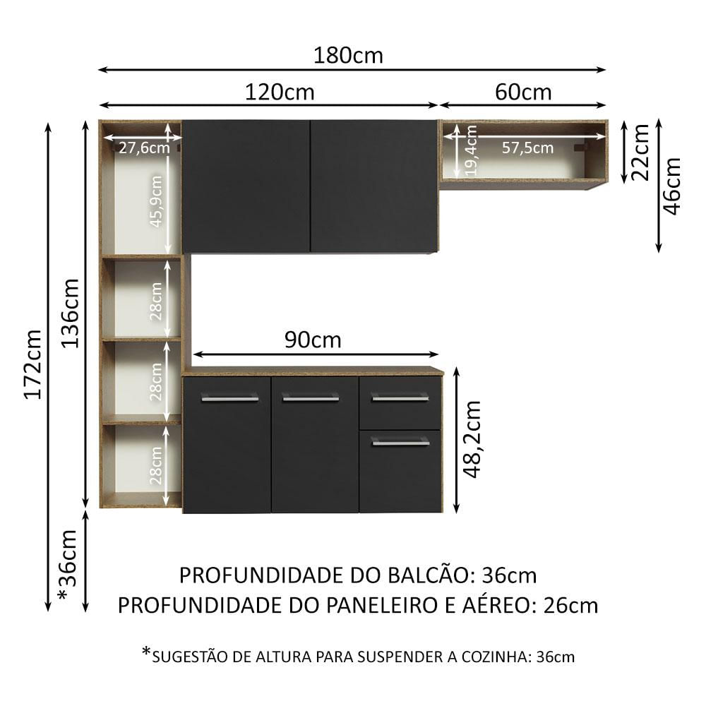 Armário de Cozinha Compacta 180cm Rustic/Preto Easy Madesa Rustic/Preto