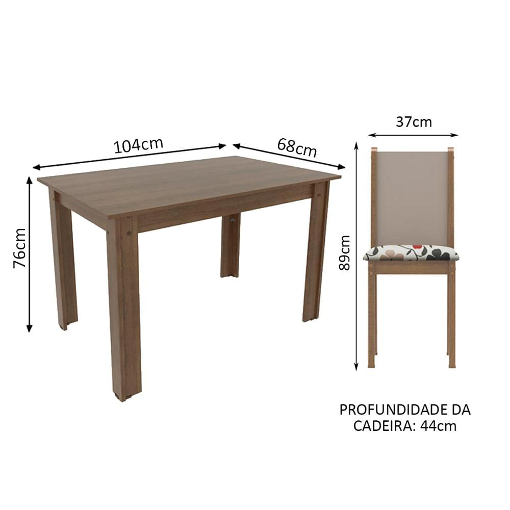 Conjunto Sala de Jantar Cíntia Madesa Mesa Tampo de Madeira com 4 Cadeiras - Rustic/Crema/Hibiscos Rustic/Crema/Hibiscos