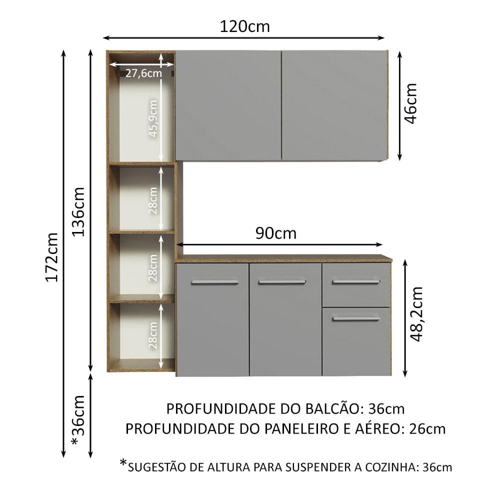 Armário de Cozinha Compacta 120cm Rustic/Cinza Easy Madesa Rustic/Cinza