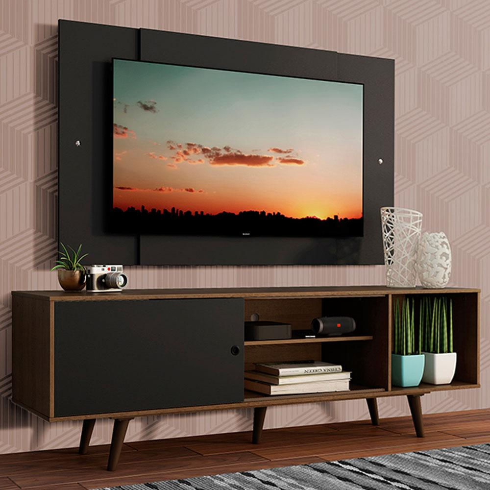 Rack Madesa Dubai com Pés e Painel para TV até 58 Polegadas - Rustic/Preto 7KD8 Rustic/Preto/Preto