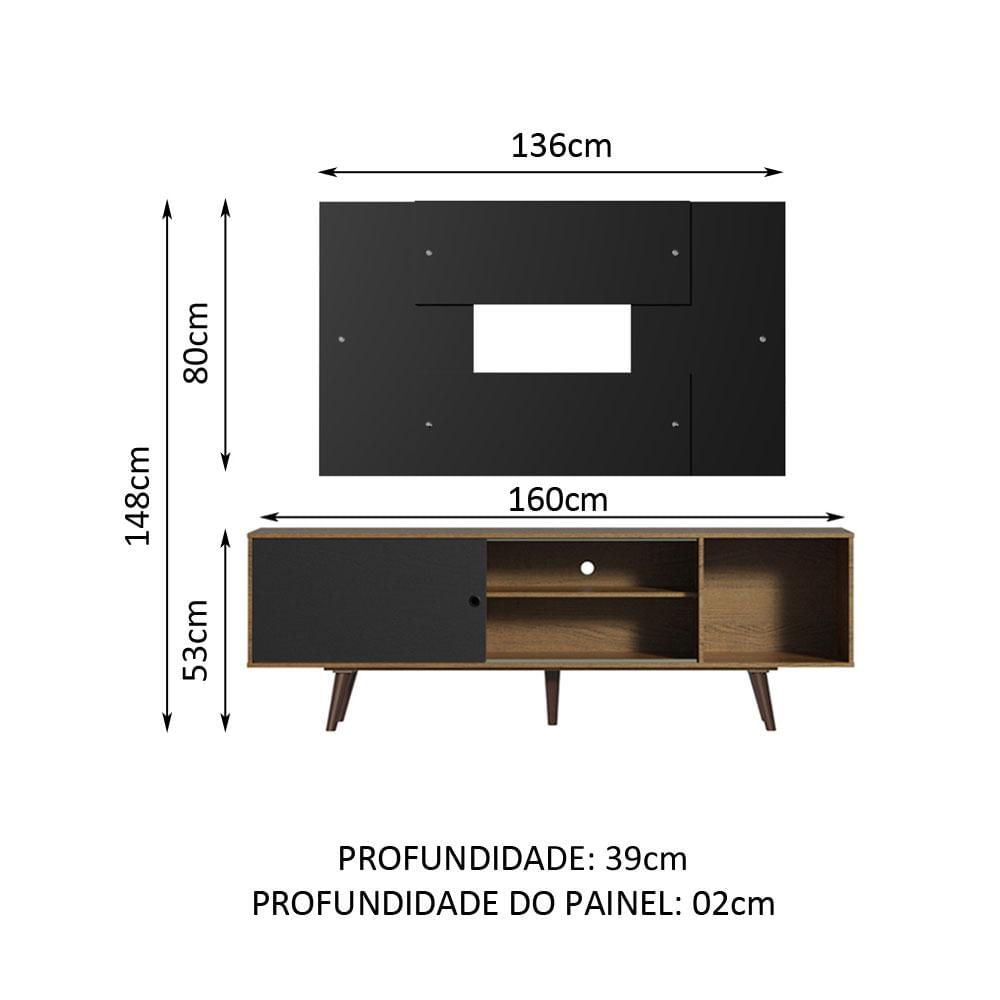 Rack Madesa Dubai com Pés e Painel para TV até 58 Polegadas - Rustic/Preto 7KD8 Rustic/Preto/Preto