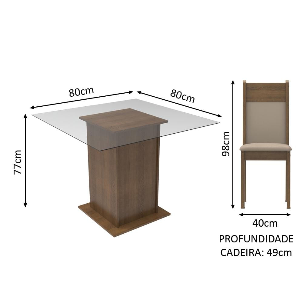 Conjunto Sala de Jantar Madesa Dallas Mesa Tampo de Vidro 4 Cadeiras - Rustic/Crema/Sintético Bege Rustic/Crema/Pérola