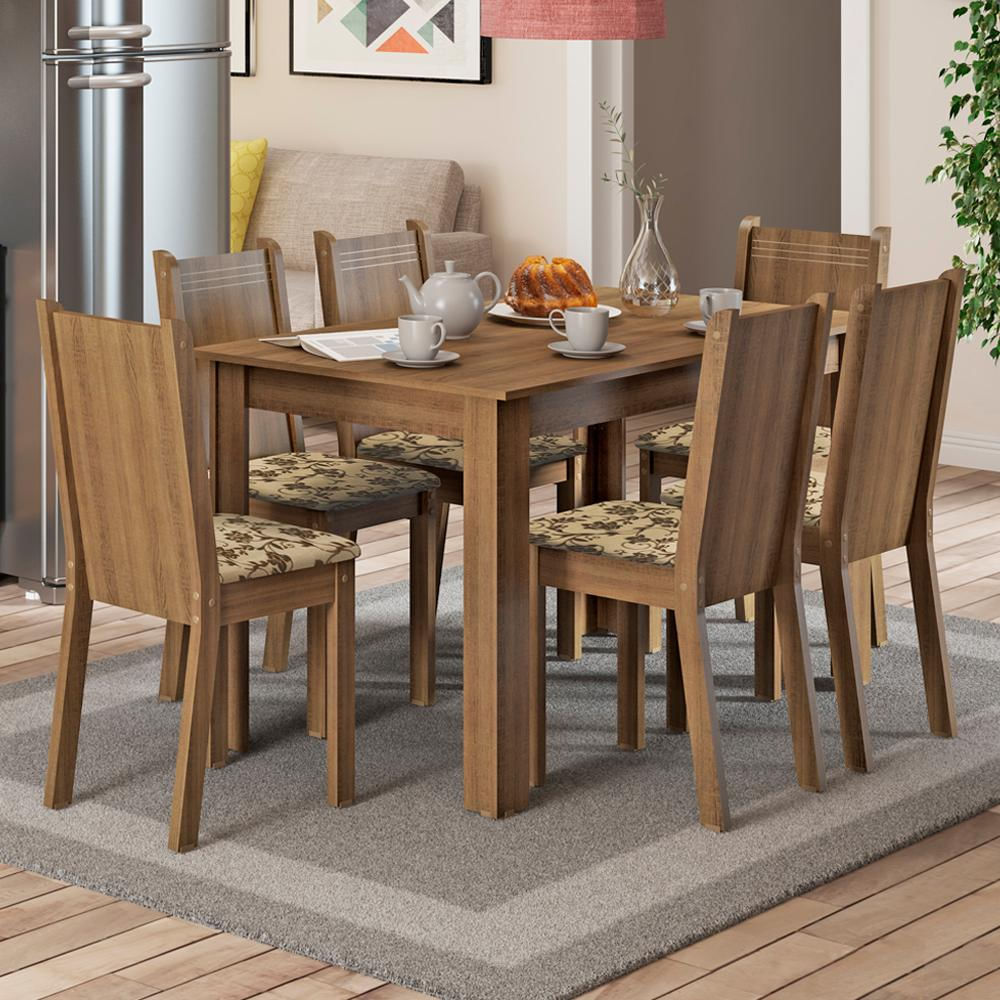 Conjunto Sala de Jantar Madesa Maris Mesa Tampo de Madeira com 6 Cadeiras - Rustic/Bege Marrom