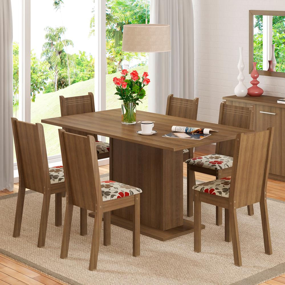 Conjunto Sala de Jantar Madesa Megan Mesa Tampo de Madeira com 6 Cadeiras - Rustic/Hibiscos