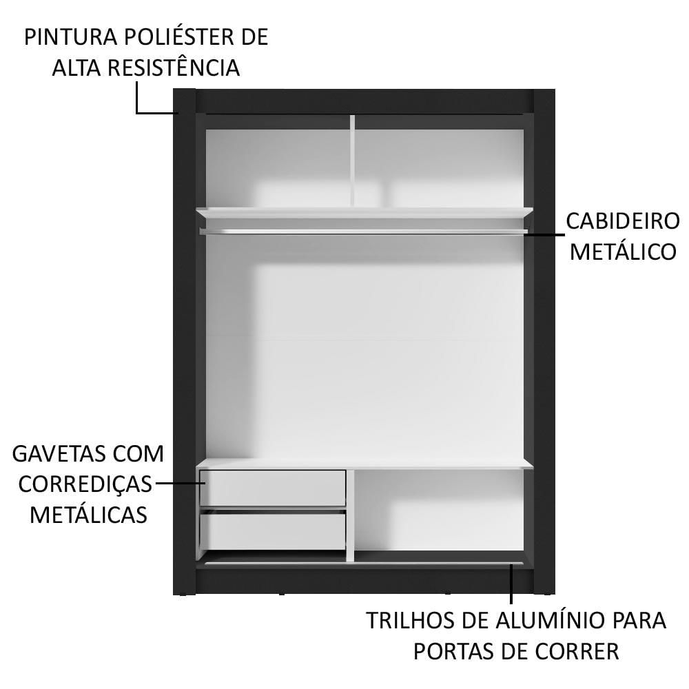 Guarda-Roupa Solteiro Madesa Dallas 2 Portas de Correr com Espelho 2 Gavetas - Preto/Rustic Preto/Rustic