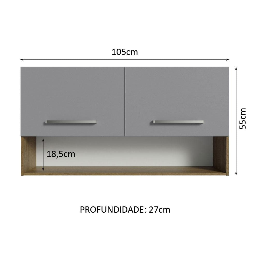 Armário Aéreo Cozinha 105cm 2 Portas 1 Nicho Rustic/Cinza Emilly Madesa Rustic/Cinza