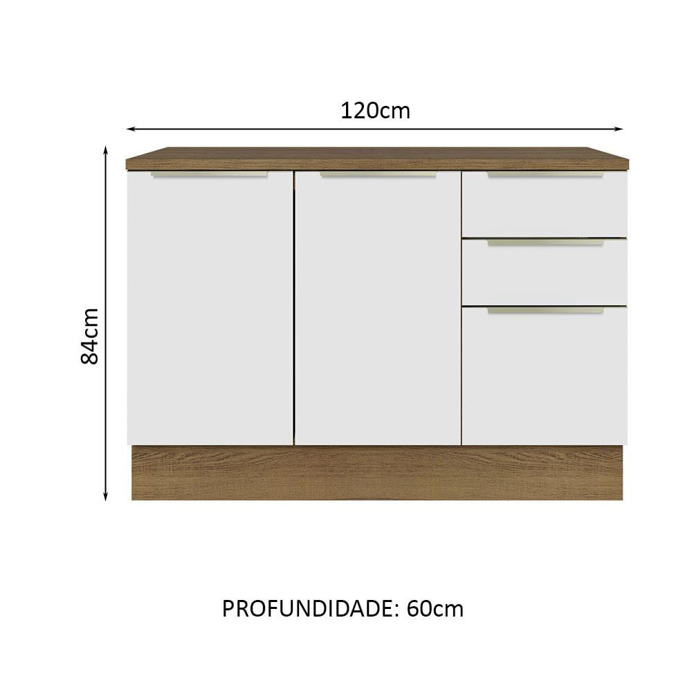 Balcão de Pia 120 cm 2 Portas 3 Gavetas Rustic/Branco Veludo Lux Madesa Rustic/Branco Veludo