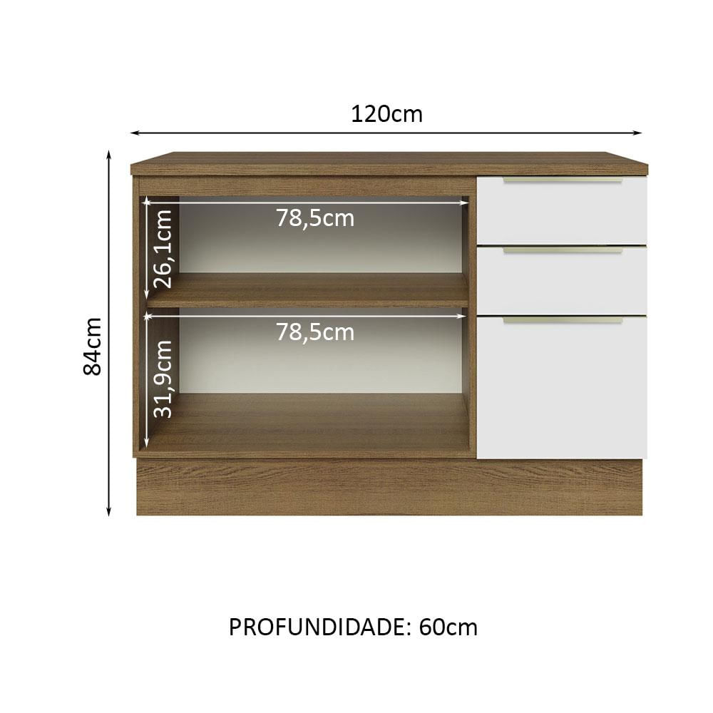 Balcão de Pia 120 cm 2 Portas 3 Gavetas Rustic/Branco Veludo Lux Madesa Rustic/Branco Veludo