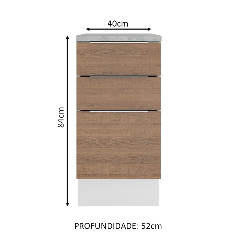 Balcão Madesa Stella 40 cm 3 Gavetas - Branco/Rustic Branco/Rustic