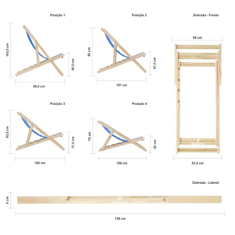 Kit 2 Cadeira Espreguiçadeira Dobrável S-b-listras Azuis