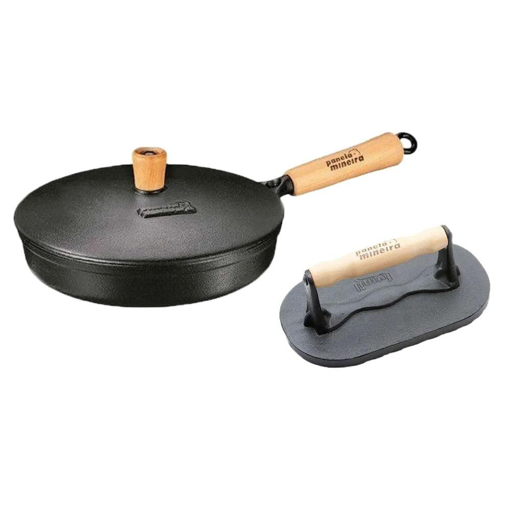 Kit Frigideira 23cm e Prensador de Carnes de Ferro Fundido