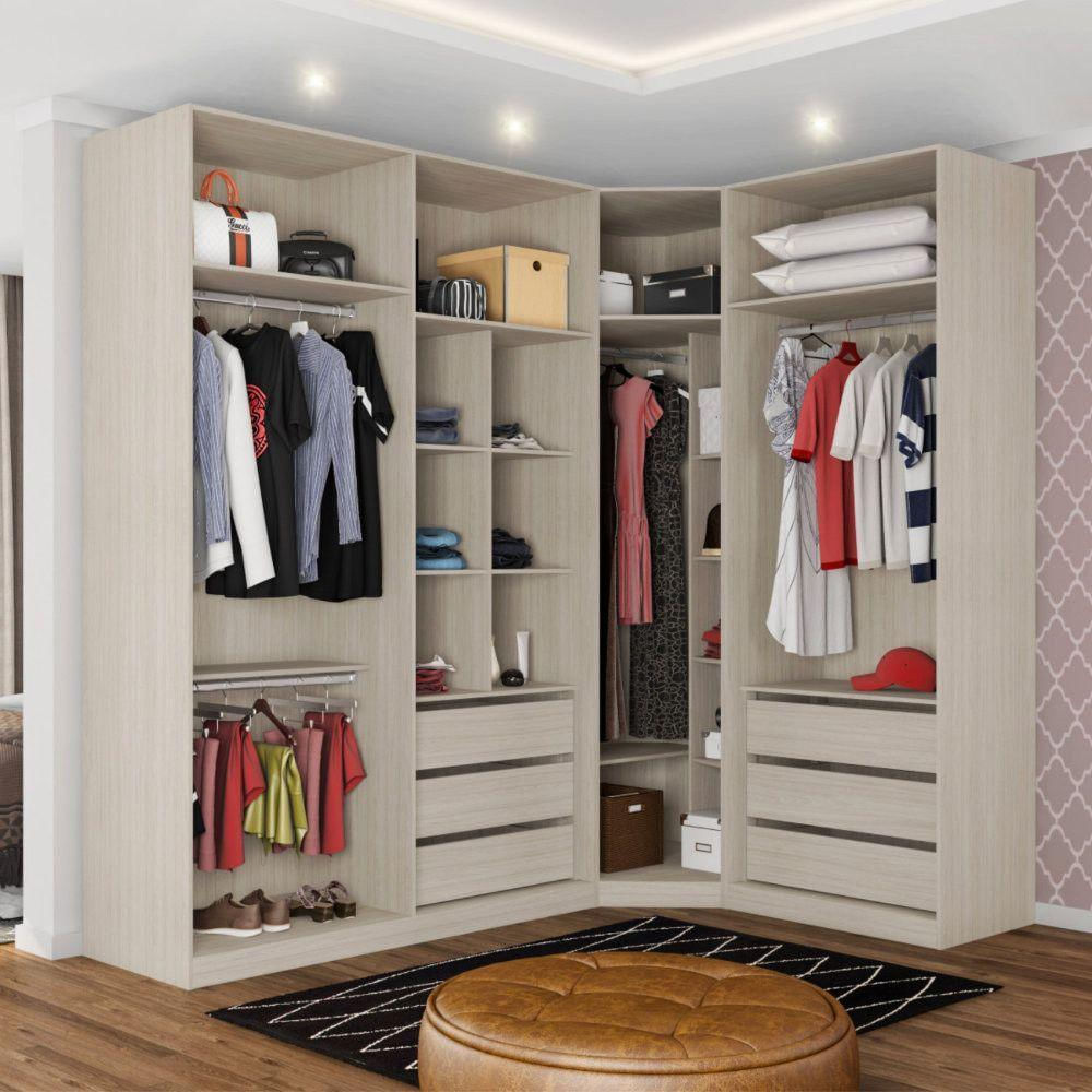Guarda Roupa Canto 6 Gavetas, 4 Cabideiros Legno Crema