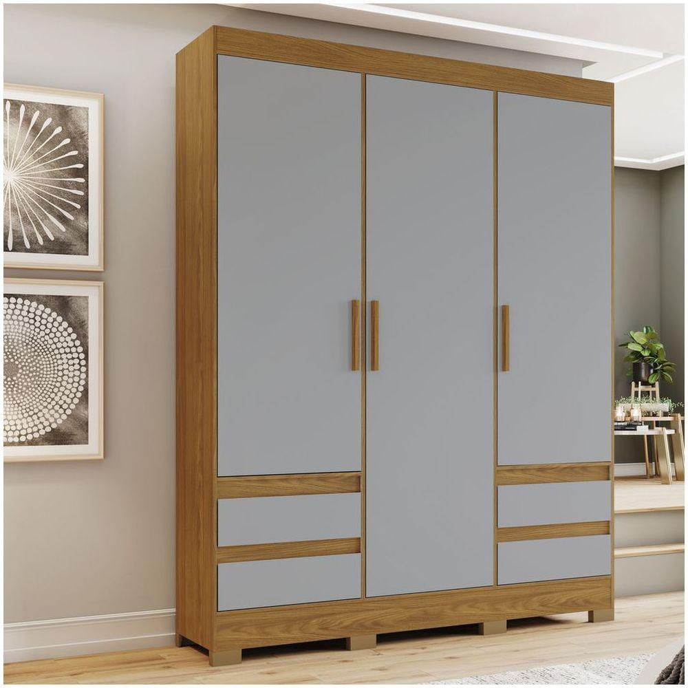 Guarda Roupa Casal 03 Portas 04 Gavetas B55 Briz Nature Com Cinza